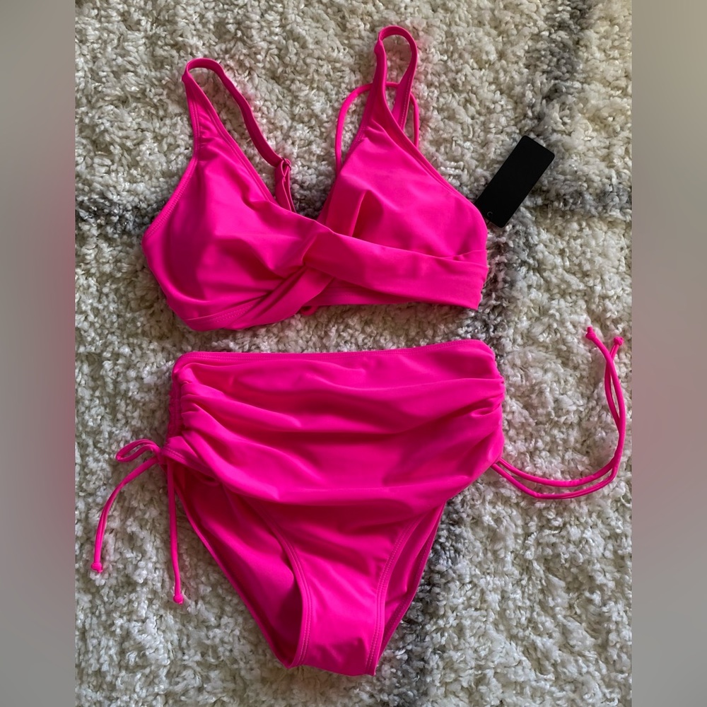 Womens swim high cut bikini ruched bottoms hot pink size small NWT